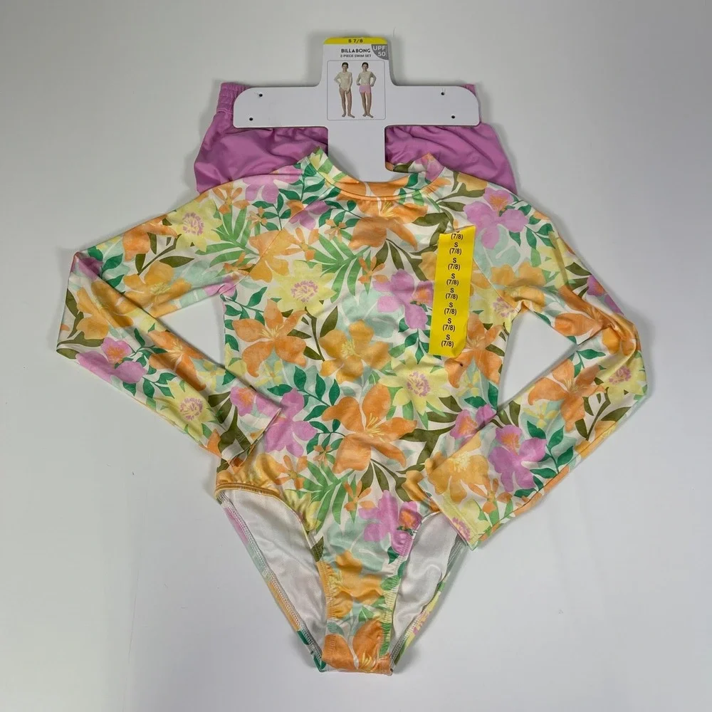 Billabong Kids Girls 2-Piece Swim Set Floral Long Sleeve Rashguard Shorts S 7/8